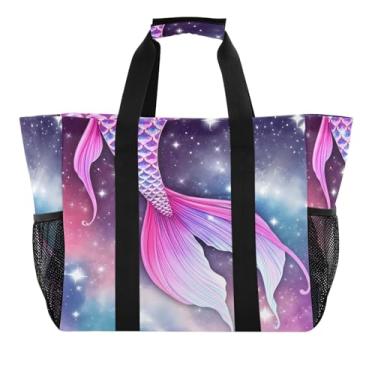 Imagem de Kigai Sacolas de mercearia reutilizáveis, linda cauda de sereia, grande, sacola de compras resistente à água, bolsa de piscina dobrável para roupas, sapatos e piqueniques