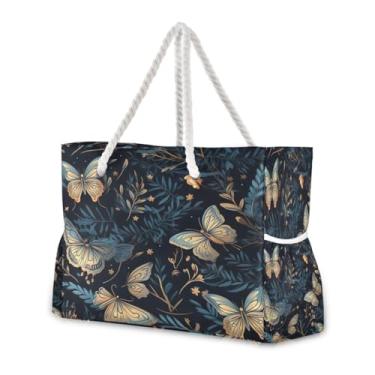 Imagem de Wassud Bolsa de praia dourada azul borboleta grande bolsa de praia para mulheres, impermeável, à prova de areia, bolsa de viagem com zíper e bolso para piscina academia acampamento