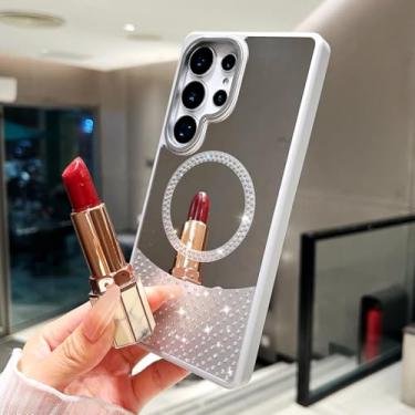 Imagem de HJZSZX Capa magnética com espelho de vaidade e glitter para Galaxy A15 (para Galaxy A15/cinza)