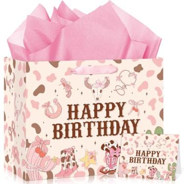 Imagem de Wauprant Bolsa grande de presente de aniversário de vaqueira para meninas, rosa, faroeste, oeste, feliz aniversário, com papel de embrulho e cartão para meninas, primeiro rodeio, chá de bebê