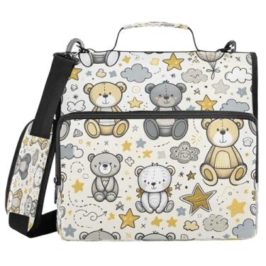Imagem de Burbuja Pasta de fichário com zíper com 3 anéis de urso com desenho animado e alça de ombro para laptop de 13 polegadas, vários bolsos para trabalho de escritório