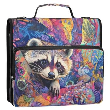 Imagem de CEBUGI Fichário de 3 anéis com zíper com alça de ombro, pasta de arquivo expansível de 3,8 cm, anéis D, para escola, escritório, guaxinim colorido