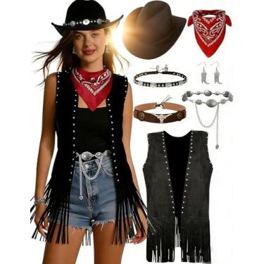 Imagem de INFLATJOY Conjunto de colete feminino Western Cowgirl com franja, chapéu de caubói, duas faixas de chapéu hippie dos anos 70, Preto, M