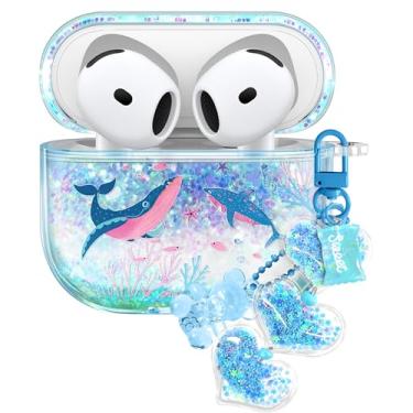 Imagem de Joyleop Capa protetora de silicone rígido para Airpods 4 para Airpods 4ª geração 2024 com design elegante de baleia azul para Airpods 4ª geração 2024