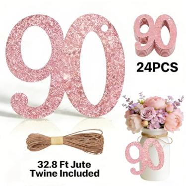 Imagem de ALISSAR 24 peças ouro rosa 90 etiquetas com fio de juta de 90 metros para decorações de 90 anos, kit de decoração de festa de 90º aniversário, decoração de pote de pedreiro, embrulho de presente