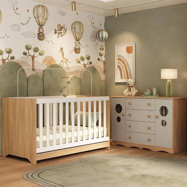 Imagem de Berço Americano 3 Em 1 Com Cômoda 2 Portas 4 Gavetas Sonho Multimóveis MP4713 Madeirado-off White