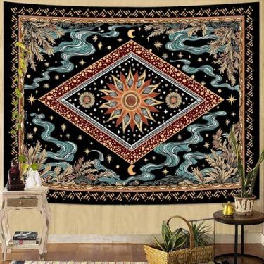 Imagem de Faxdong Tapeçaria de sol boho, tapeçarias estéticas celestiais e fusão com nuvens ciano e planta, decoração mística vintage para quarto, sala de estar de meditação ou dormitório