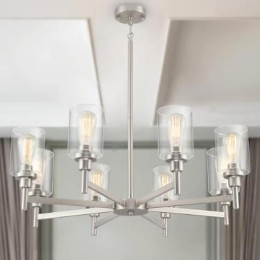 Imagem de Lustres de níquel escovado para sala de jantar | Luminária de sala de estar com 8 luzes sobre a mesa | Lustre de fazenda com sombra de vidro transparente | Iluminação de corredor para ilha de cozinha