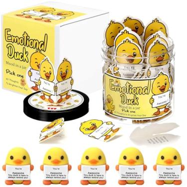 Imagem de Gejoy 60 peças de pote de cartão de pato confortável emocional com 5 mini brinquedos de pato de borracha, presentes positivos, mulheres, homens, afirmação, aniversário, Natal, presente motivacional