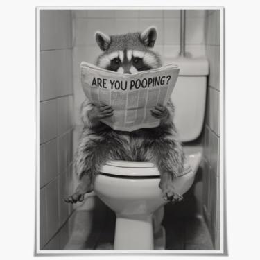 Imagem de Engraçado guaxinim banheiro parede arte guaxinim no banheiro leitura pôster de jornal bonito preto e branco imagens de animais impressão em tela humor casa banheiro decoração de arte para dormitório
