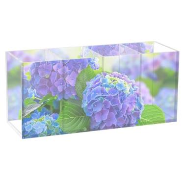 Imagem de TSENQUE Porta-lápis de mesa, organizador de canetas de acrílico com flor de hortênsia, organizador de canetas, organizador de mesa personalizado