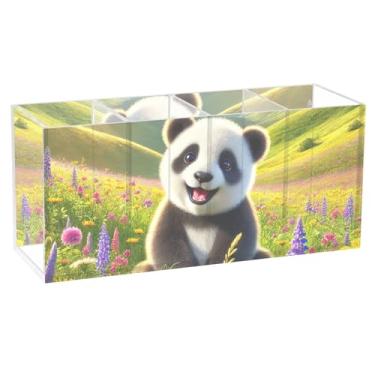 Imagem de TSENQUE Porta-lápis de acrílico personalizado Happy Panda Wildflower Meadow Cute Pen Pencil Holder Desk Office Art Caddy Organizador de lápis copo decorativo material de escritório