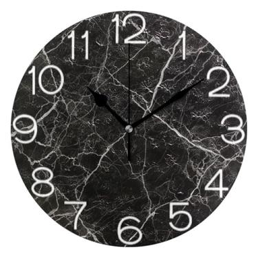 Imagem de GAIGEO Relógio de parede analógico decorativo redondo sem tique-taque silencioso relógio de cozinha rústico, arte de parede moderna legal decoração de casa mármore preto textura clássica, 25 cm