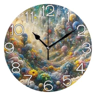 Imagem de GAIGEO Relógio de parede analógico decorativo divertido alimentado por bateria relógio de sala de aula, decoração de parede de meados do século, sala de estar, desenhos animados coloridos flores