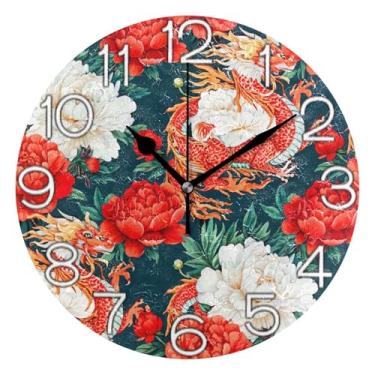 Imagem de GAIGEO Relógio de parede analógico decorativo redondo sem tique-taque silencioso relógio de cozinha fofo, arte de parede moderna legal decoração de casa dragão chinês vermelho peônias brancas, 25 cm