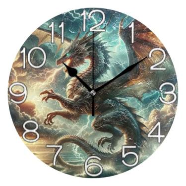 Imagem de GAIGEO Relógio de parede decorativo analógico funky alimentado por bateria relógio de cozinha fofo, decoração de parede vintage sala de estar céu de dragão legal, 25 cm, ponteiros dourados