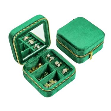 Imagem de TAIMY Caixa de joias de viagem de veludo com espelho unissex organizador de joias portátil para anéis, brincos, colares, estojo de veludo compacto pronto para presente para mulheres e homens (verde