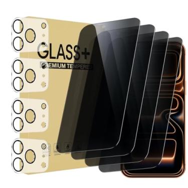Imagem de Pacote com 4 protetores de tela de privacidade para iPhone 17 Pro de 6,3 polegadas com 4 protetores de lente de câmera, película de vidro temperado antiespionagem, dureza 9H, sem bolhas, compatível