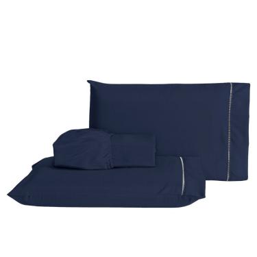 Imagem de Jogo De Lençol Casal Padrão 3 Peças Laura 400 Fios 100% Poliéster - Azulmarinho