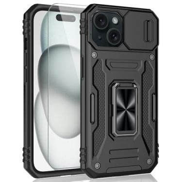 Imagem de SYONER Capa para iPhone 15 Plus, capa de telefone à prova de choque, capa de câmera deslizante e suporte de anel com protetor de tela para Apple iPhone 15 Plus (6,7 polegadas, 2023) [Preto]