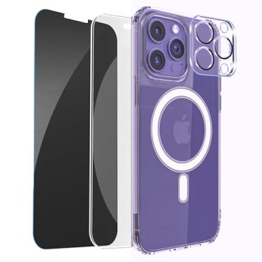 Imagem de Capa 4 em 1 para iPhone 15 transparente, [projetada para Magsafe] com 1 protetor de tela transparente + 1 protetor de tela de privacidade, 1 protetor de lente de câmera, capa fina à prova de choque