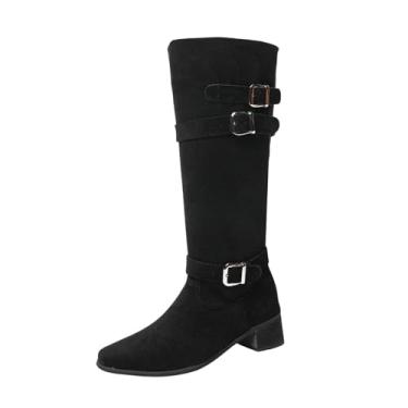 Imagem de Botas femininas de salto grosso de bico fino com detalhe de fivela de cinto para um visual elegante de outono e inverno, Preto, 34