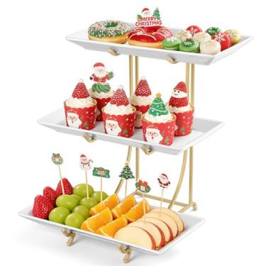 Imagem de Yedio Conjunto de bandeja de servir de 3 camadas – Travessas de porcelana de 30,5 cm com suporte de metal dourado pré-montado, sem necessidade de instalação, bandeja em camadas para exibição de