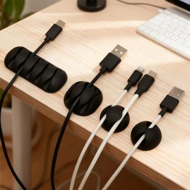 Imagem de 10 clipes autoadesivos para cabos, conjunto organizador de cabos TPR de tamanho misto (4 x 2 compartimentos, 2 x 1/3/5 compartimentos) para mesa, casa, escritório, preto