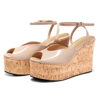 Imagem de Coutgo Sandálias femininas plataforma plataforma cortiça elegante peep toe tornozelo fivela tira salto alto sapatos de verão, Rosa nude, 36