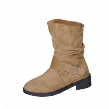 Imagem de Bota feminina com fivela de cinto, salto grosso, camurça, cano baixo, moda outono e inverno, altura do joelho, cano médio, Caqui, 35