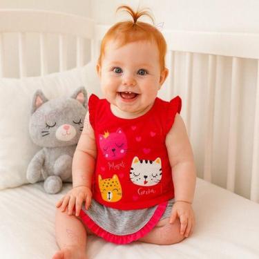 Imagem de Conjunto Fofura Short Saia + Blusa Gatinha para Bebê Menina Tam RN a 0