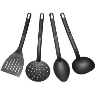 Imagem de Conjunto 4 Utensílios de Cozinha Plástico Preto Colher Concha Escumade