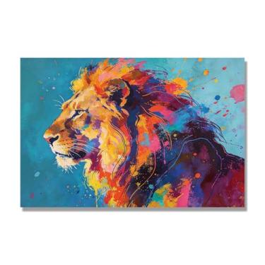 Imagem de Arte abstrata de respingos de leão, pintura colorida de animais em tela, decoração de parede expressiva moderna para sala de estar ou escritório. A88. 40 x 60 cm - 15,8 x 23,7 pol. Somente tela