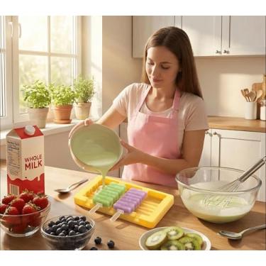 Imagem de Moldes de picolé de desenho animado infantil, moldes de sorvete de silicone de grau alimentício de cavidade, com palitos reutilizáveis, design plano antiaderente