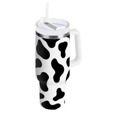 Imagem de SEHANY Copo preto e branco com estampa de vaca de 850 g com alça, copo isolado de aço inoxidável a vácuo de parede dupla, à prova de vazamento, caneca de café isolada para viagem cabe no suporte de