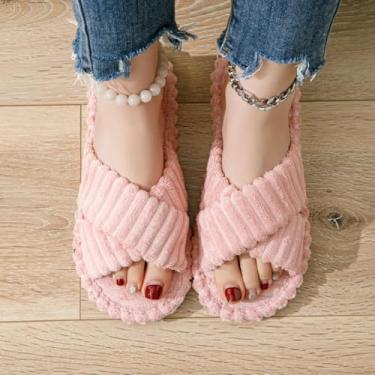 Imagem de Pantufas femininas macias de inverno com faixa cruzada aberta - Sapatos aconchegantes de pelúcia para ambientes internos e externos, rosa, rosa, 8-9