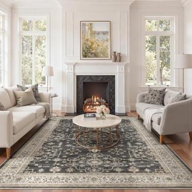 Imagem de Tapete de área para sala de estar – 25 x 35,5 cm, macio, lavável, oriental, vintage, floral, desgastado, tapete grande – Tapetes antiderrapantes resistentes a manchas para quarto, sala de jantar