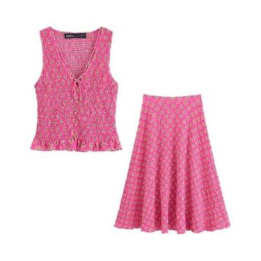 Imagem de Conjunto De Saia Midi Vintage De Cintura Alta Para Mulheres Com Top Am