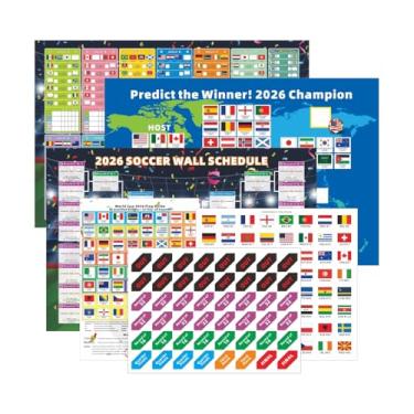 Imagem de HOMIEVAR Conjunto de pôsteres de programação de futebol 2026 - Pôster de 3 tamanhos A3 com lista de partidas de palco de grupos e marcações de times de mapas do mundo, conjunto de coleção de fãs de