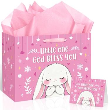 Imagem de Sacos grandes de presente de batismo para meninas, coelhinho reze rosa para presente de batismo, bolsa de presente cruzada com cartão de papel de seda, papel de embrulho religioso para batismos de