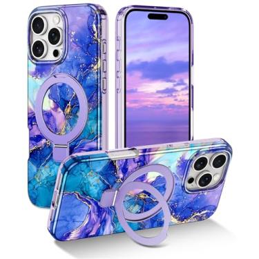 Imagem de Lamcase Capa para iPhone 16 Pro Max com suporte magnético invisível para anel [compatível com MagSafe], capa com design de padrão de mármore à prova de choque para mulheres e homens e meninas, roxo
