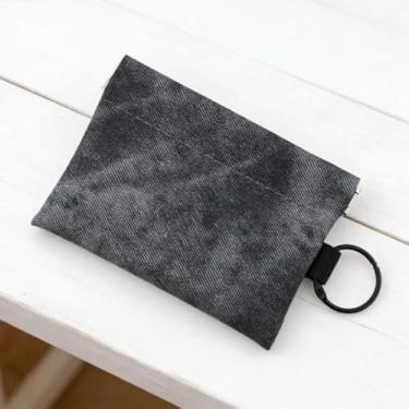 Imagem de Bolsa de moedas com textura de jeans com chaveiro – carteira de cartão de poliuretano de grande capacidade e porta-identidade, carteira com fecho elástico, Preto, Casual