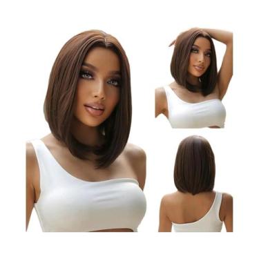 Imagem de Peruca Sintética Curta Lisa Castanho Gengibre Com Franja Para Cosplay 