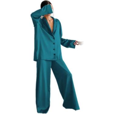 Imagem de Pijamas De Seda De Cetim De Grandes Dimensões Pijama Sexy Decotado Para Mulheres Single-breasted Mangas Compridas Calças De Perna Larga Ternos, Light Green, XL