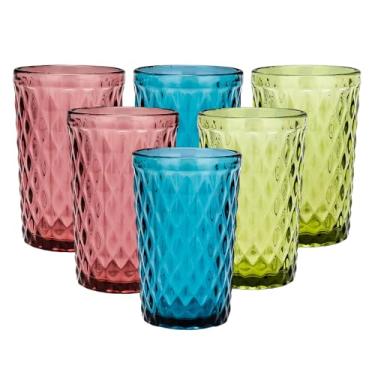 Imagem de SIBAO Pacote com 6 copos vintage em relevo, copos coloridos de 340 g com diamante geométrico, conjunto de copos para leite, cerveja, coquetel e suco
