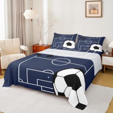 Imagem de Castle Fairy Jogo de lençol casal com estampa de bola de futebol 3D, campo azul marinho e 1 lençol de cima, 2 fronhas