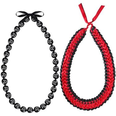 Imagem de Junkin 2 peças de colares de contas Kukui Nut Leis Class of 2023 Fita feita à mão Leis Colar trançado preto acrílico grosso colar havaiano para presente de formatura lembrancinha de festa, one size, acrílico e poliéster, Sem Pedra Preciosa