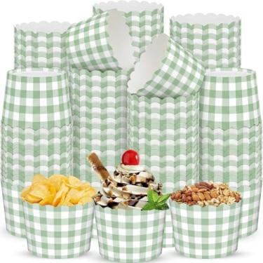 Imagem de Vesici 150 peças de copos de sorvete de guingão verde sálvia 283 g tigelas de papel de sobremesa guingão recortado tigelas de sobremesa descartáveis para alimentos Sundae iogurte sopa suprimentos de