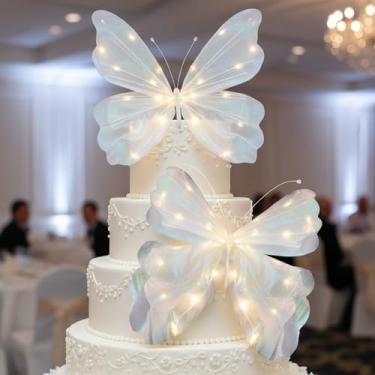 Imagem de Tujoe 2 peças de decoração de borboleta grande para árvore de Natal, enfeite de borboleta 3D com cordão de luz, enfeite de árvore de Natal para artesanato, guirlanda, decoração de festa de casamento