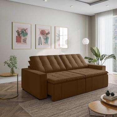 Imagem de Sofá Cama Retrátil e Reclinável 4 Lugares 280cm em Veludo com Molas e Braço Reto Palmeira Cabecasa M Marrom